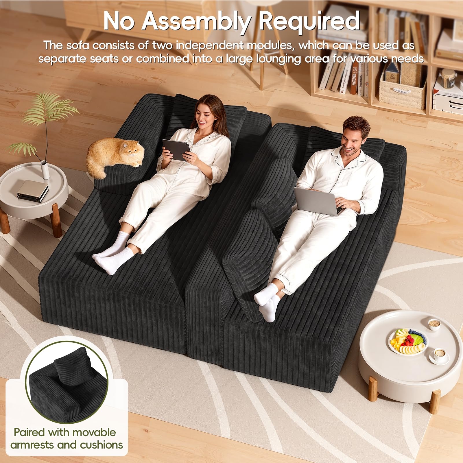 Sofá seccional Cloud en forma de L moderno modular para sala de estar con asientos profundos, sofá tapizado de tela de panel, no requiere montaje, 260 cm de ancho, negro, talla única