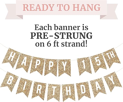 Miniatura 3 de Cartel de feliz cumpleaños número 15 pre-encordado  No DIY  Cartel de fiesta de cumpleaños número 15 con purpurina dorada para niños y niñas