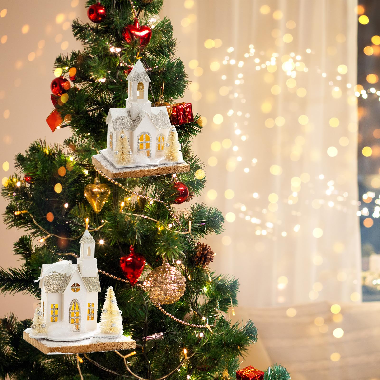 TSYFM Weihnachtsdorfhäuser mit LED-Beleuchtung, 13 cm, Pappe, Weihnachtshaus, weißes Weihnachtshaus, Weihnachtsdorf-Sets für Desktop-Ornamente, Landschaftsdekoration (C)
