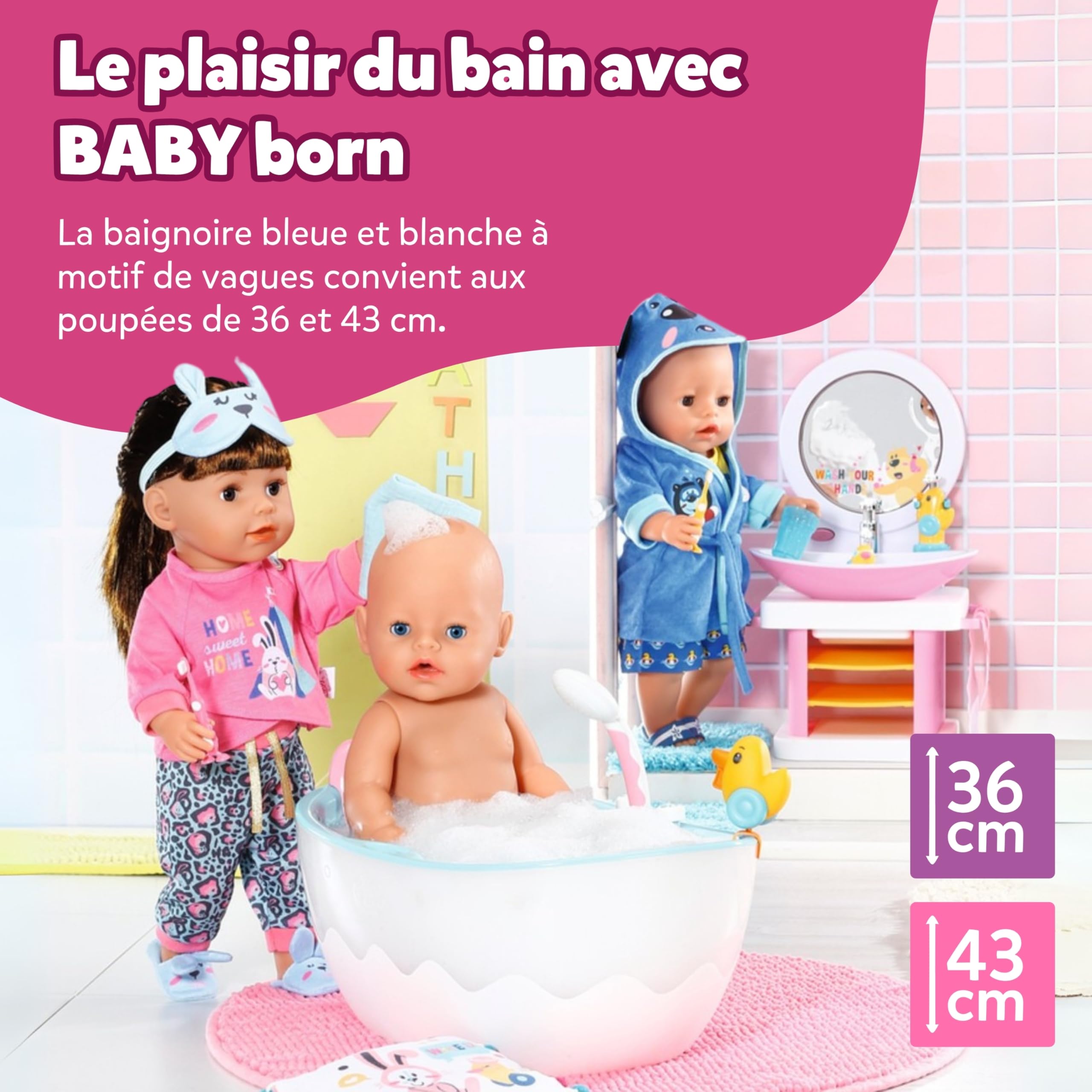 BABY born Baignoire avec Changement de Couleur - Fonction Douche et Son - Accessoires Haut de Gamme pour poupées de 36 et 43 cm - Fonctionne également avec de l'eau véritable