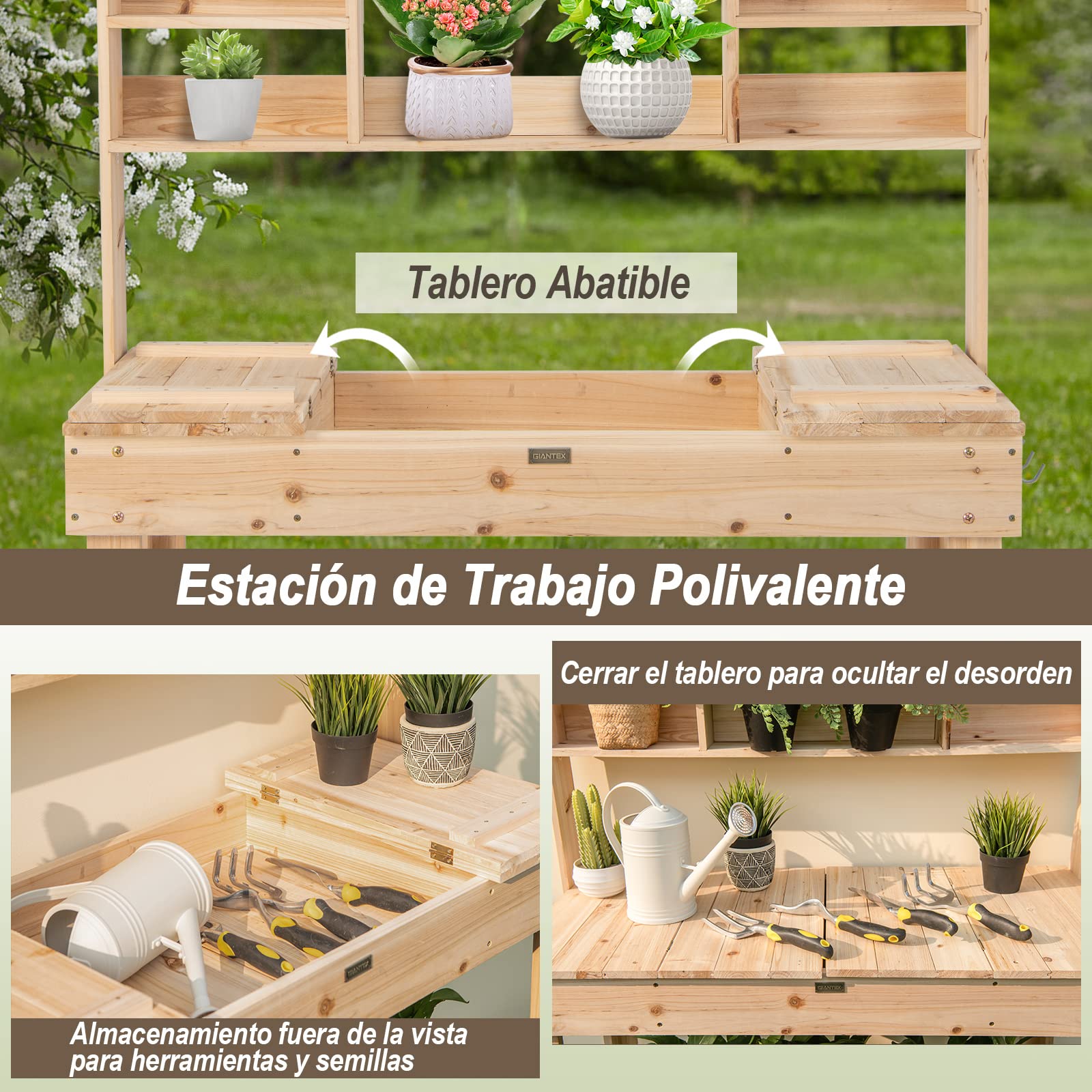 COSTWAY Mesa de Plantación de Madera para Macetas, Mesa de Jardín para Macetas con Estantes, Tablero Abrible, Ganchos, Mesa de Trabajo de Madera para Exteriores, Carga de 150 kg (110x50x153cm)