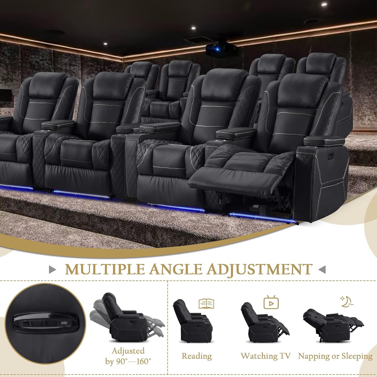 TUNYI Home Theater Recliner Chair - Power Recliner Sofa Chair with Adjustable Headrest Faux Leather Reclining Chair with USB/Storage/LED Light/Cup Holder (Black, 2 Seat)