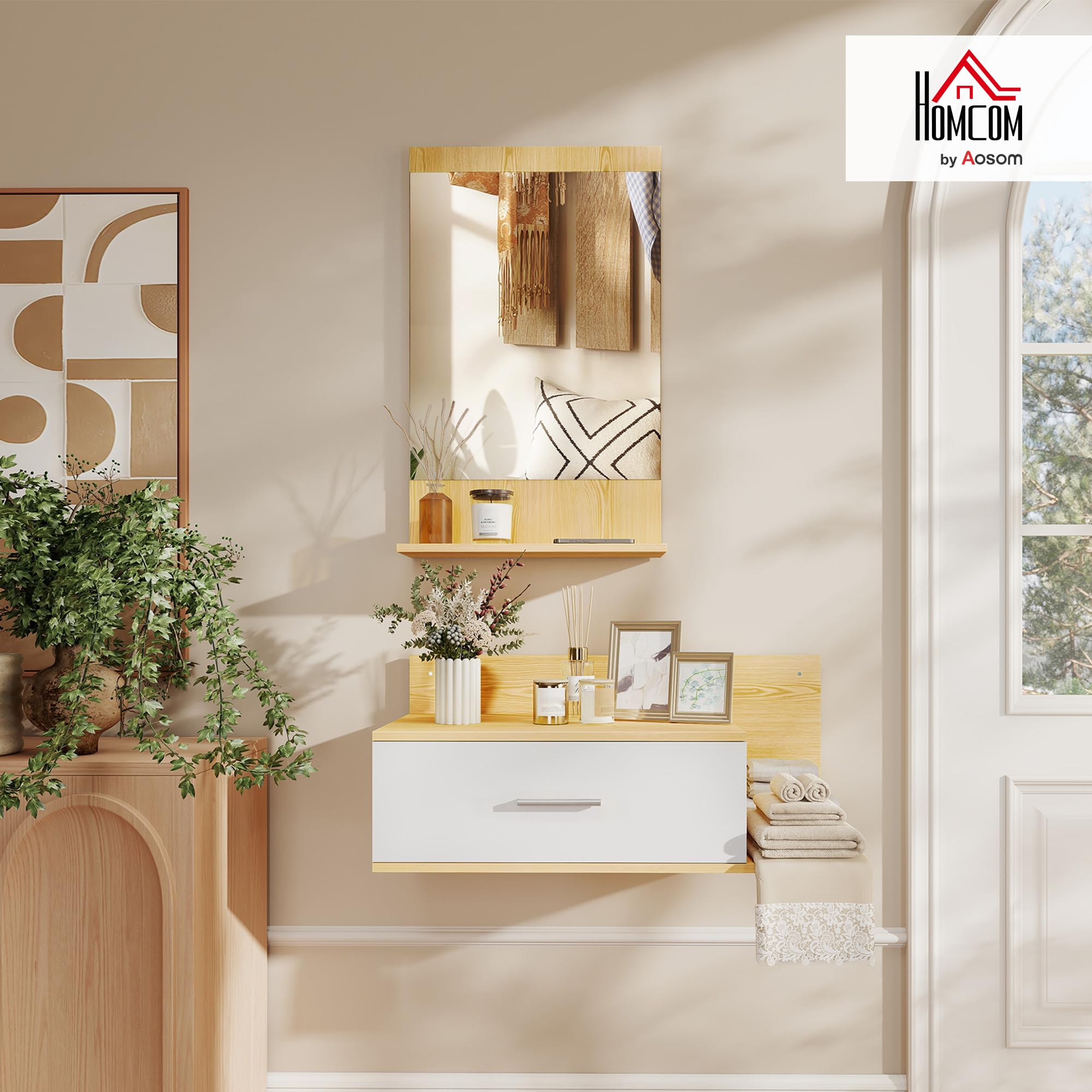 HOMCOM Set Mobili Ingresso con Specchio, Mobiletto a Parete con Cassetto e 2 Ripiani Aperti per Soggiorno, Camera da Letto, Ingresso, Legno Naturale