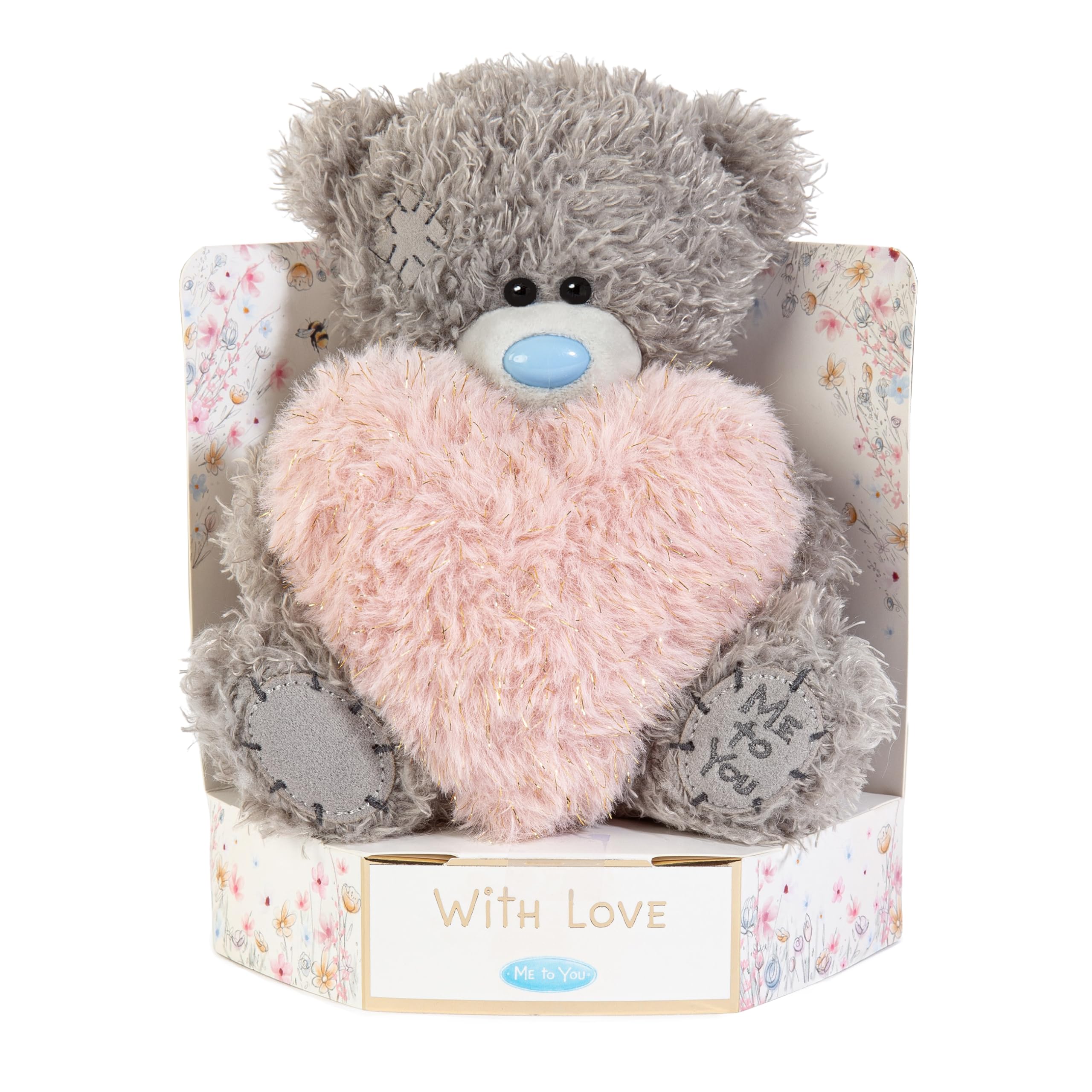 Me to You Tatty Teddy Plush 15cm-High 'With Love' Bear Holding Fluffy Heart On Luxury Gift Plinth - Official Collection, Grey
