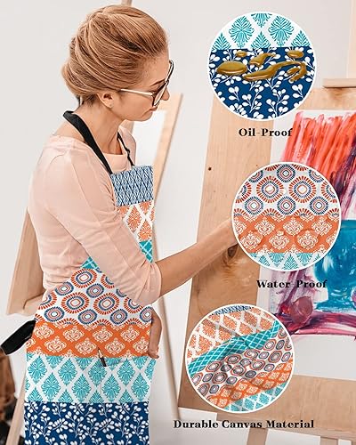 Miniatura 4 de Teal Orange Striped Bib Aprons with Pockets Waterproof, Adjustable Apron for Men Women Boho Modern Geometric Abstract Art