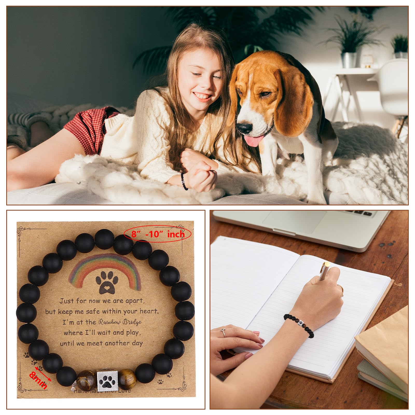 Kklolai 3 Pcs Dog Memorial Gifts for Loss of Dog Sets 4x6”Rotating Wooden Memorial Photo Frame with 8MM Rainbow Bridge Bracelet Pet Ashes Keepsake Keychain for Beloved Cats Dogs Bereavement Gifts - Image 4