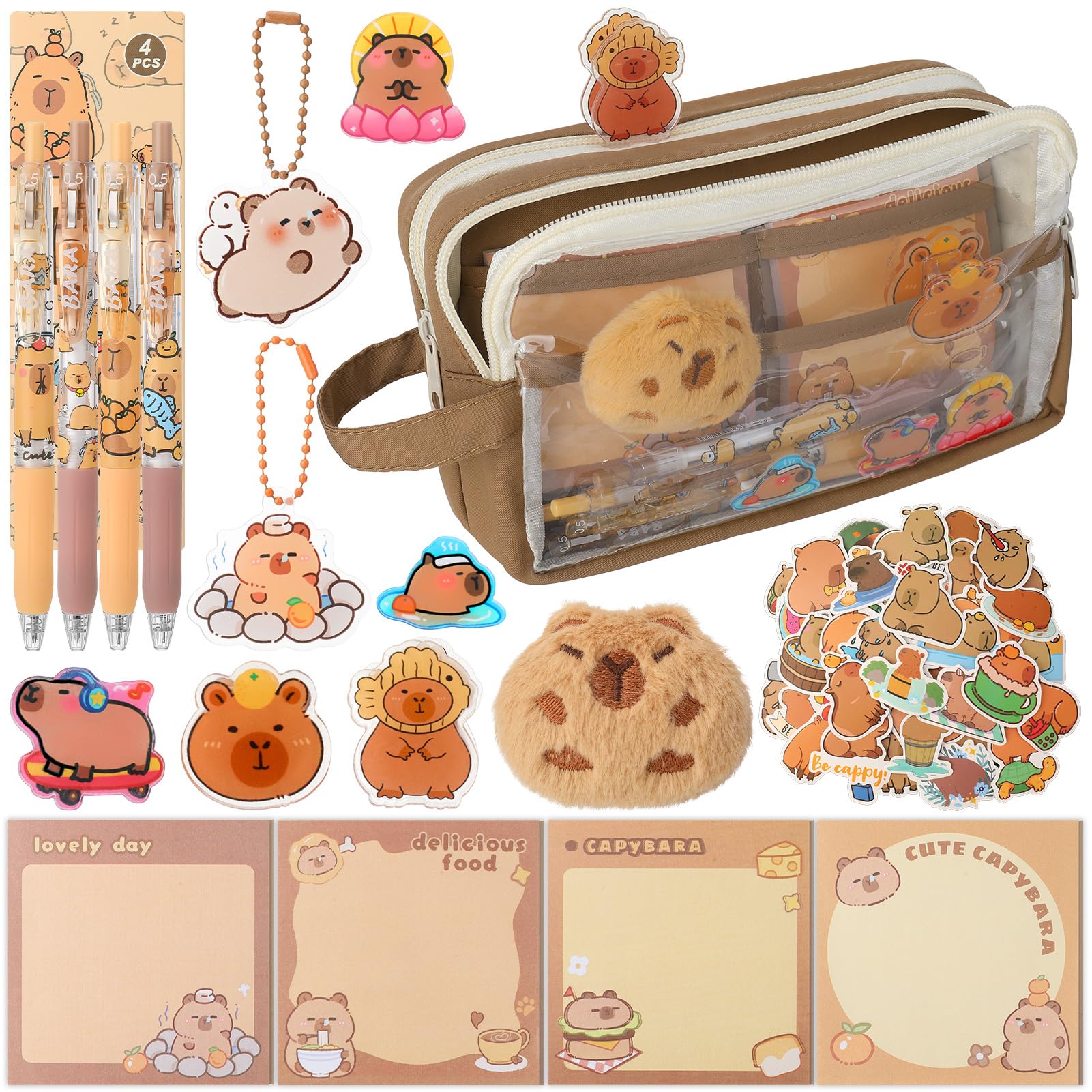 Capybara Pencil Case Stationery Set with Gel Pens Stickers Sticky Notes Clips Pendant Pins, Gift Ideas for Birthday and Parties for Girls and Boys 67 Pieces-image-48