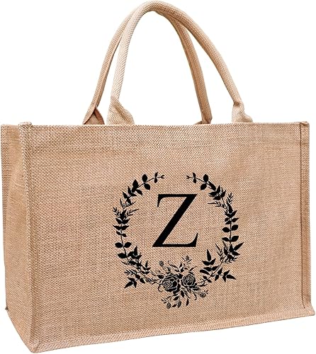 Vista 12 de Bolsas de mano con iniciales de la A a la Z para mujer, bolsa de yute de arpillera con monograma con asas para mujer, profesores, mamá