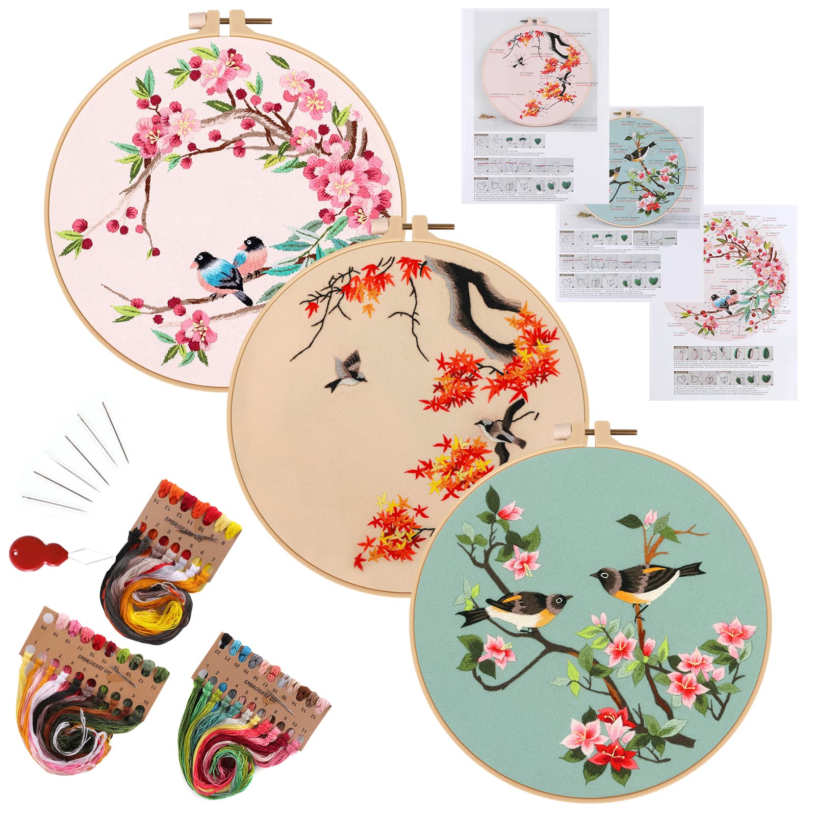HAOCOO3 Sets Embroidery Kit for Beginners, Cross Stitch Kits with Flower&Bird Pattern and Instructions, Full Range of Embroidery Cloth, Embroidery Hoops, Color Threads and Tool (Flower&Bird)
