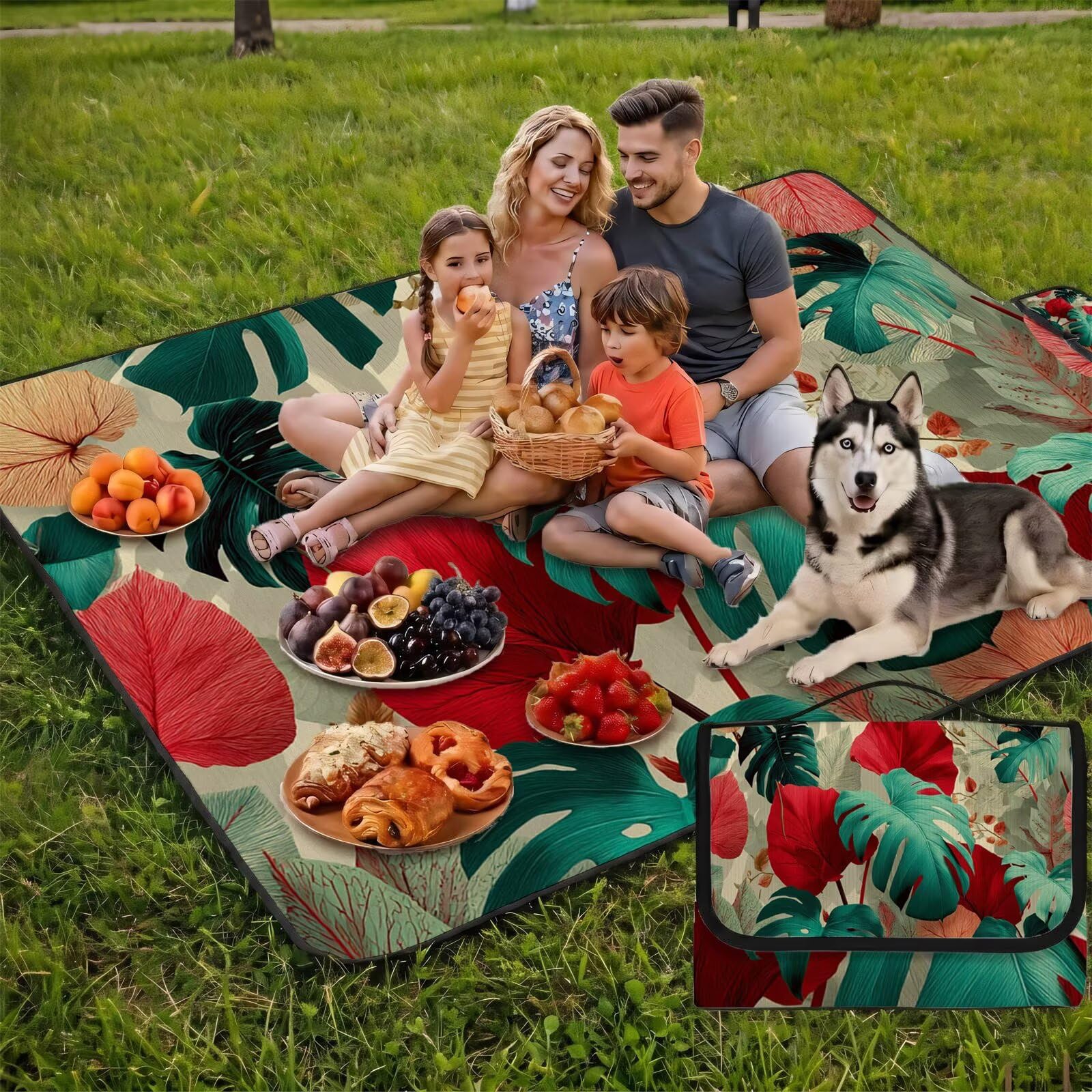Couverture Pique Nique Grande 200x300cm,Outdoor Couverture Imperméable,Pliable Tapis de Plage Dos en PVC,Picnic Blanket pour Camping Accessoires,Jardin,Parc - Plantes Tropicales,Mignonnes UZ-775