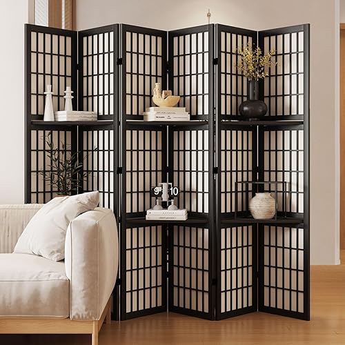 Room Divider with Shelves, 66.9-Inch Tall Japanese Shoji Style Wood Screen with Double Hinges for Home Office Decoration (6 Panels, Black) - Black - Shelves - 6 Panels