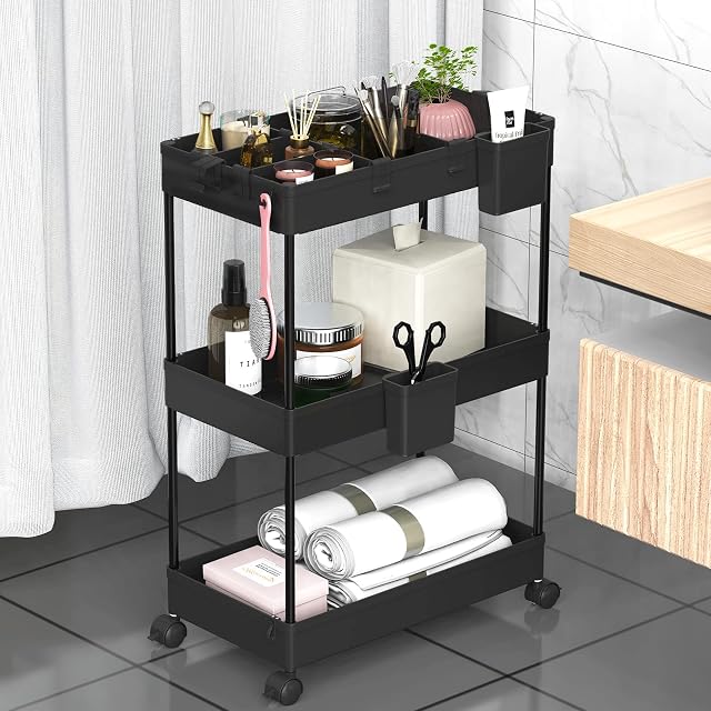 SPACEKEEPER Storage Trolley 3-Tier Rolling Utility Cart Slide Out Shelving Organization Shelf for Laundry Bathroom Kitchen with Small Containers & Hooks Black