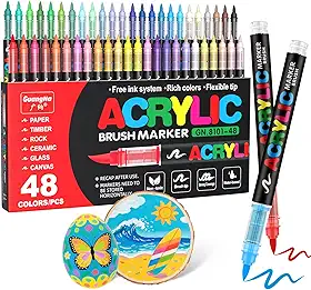 Guangna Marcadores de tinta acrílica, ponta de pincel, 48 cores vivas com sistema de tinta líquida direta, caneta de tinta profissional para pintura rupestre, tela, vidro, plástico, tecido e
