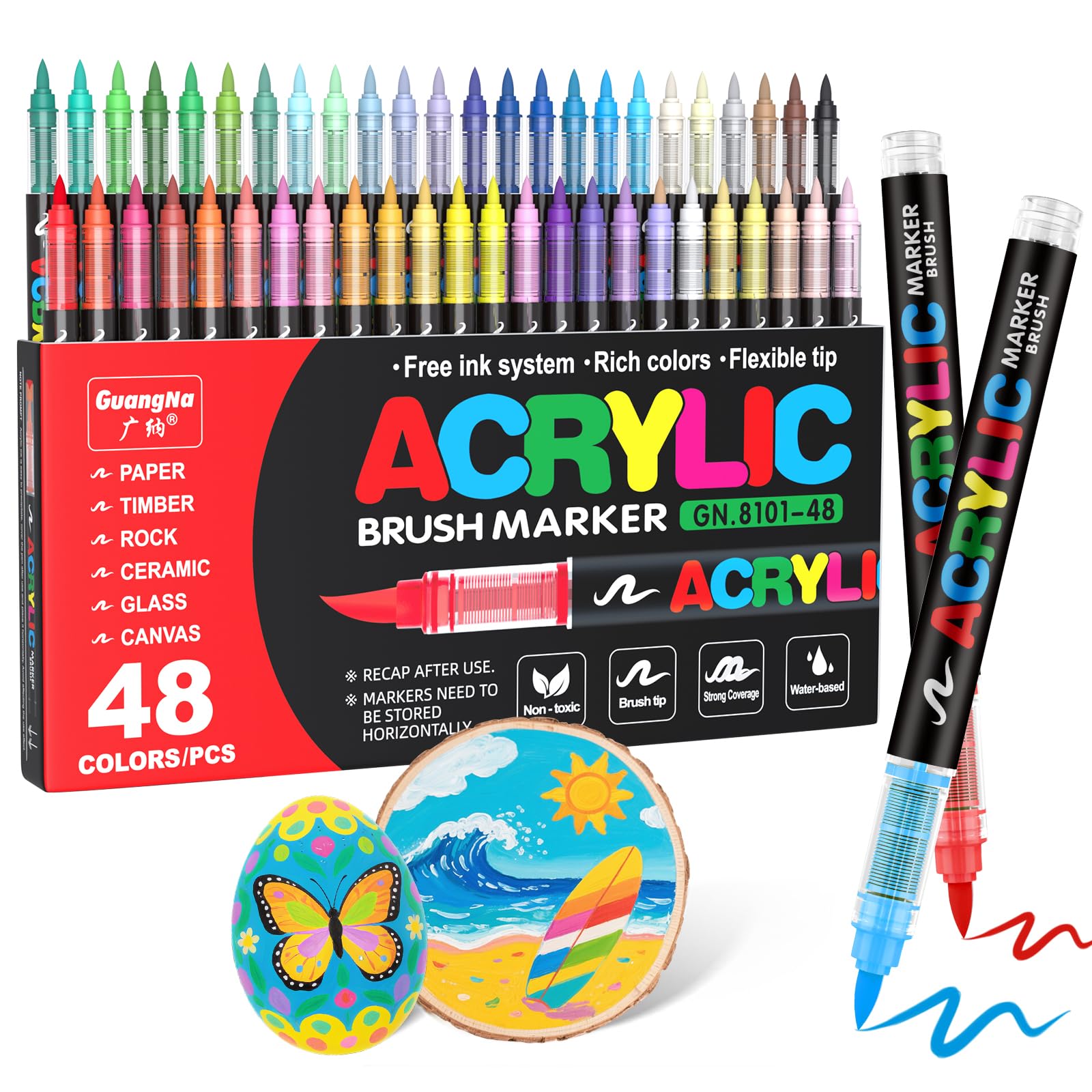 Guangna48 Colors Direct Liquid Soft Head Acrylic Marker Pens, Acrylic Paint Markers, Brush Tip Acrylic Paint Pens, Ideal for Egg, Rock Painting, Canvas, Wood, Stone, and DIY Crafts