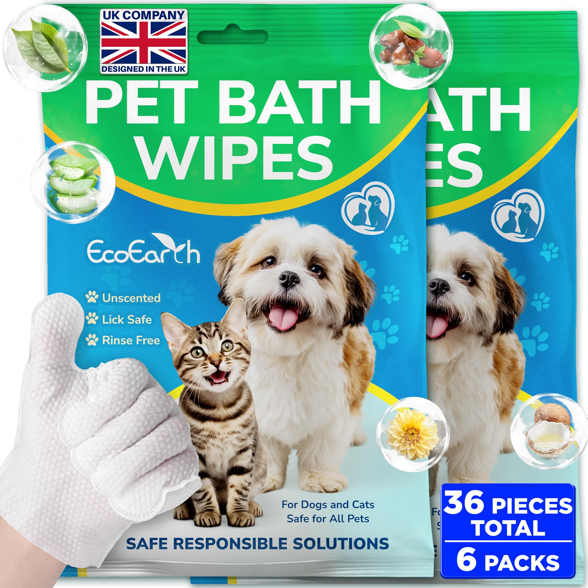 EcoEarth - Premium Pet Wipes for Dogs & Cats - 36 Gloves - Disposable Washing Mitt for Bath & Grooming - Clean Paws, Fur, Face, Ears, Rear & Body - Hypoallergenic, Lick-Safe, Waterless Cleaning