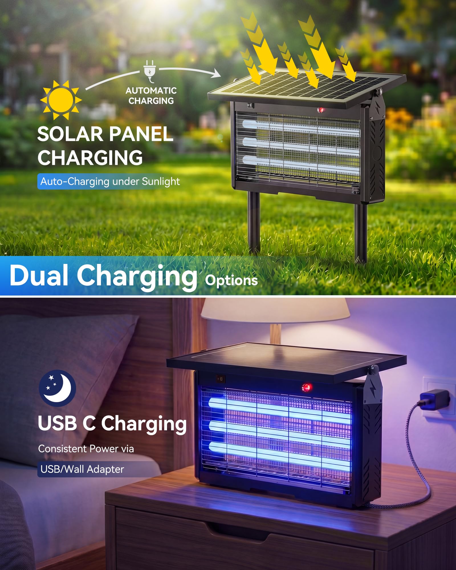 Solar Bug Zapper Outdoor Wasserdicht Moskito Zapper Outdoor Solarbetrieben Elektrischer Insektenvernichter Indoor w/Smart Light Sensor Mückenfalle Fliegenvernichter für Terrasse Küche Garage Hof