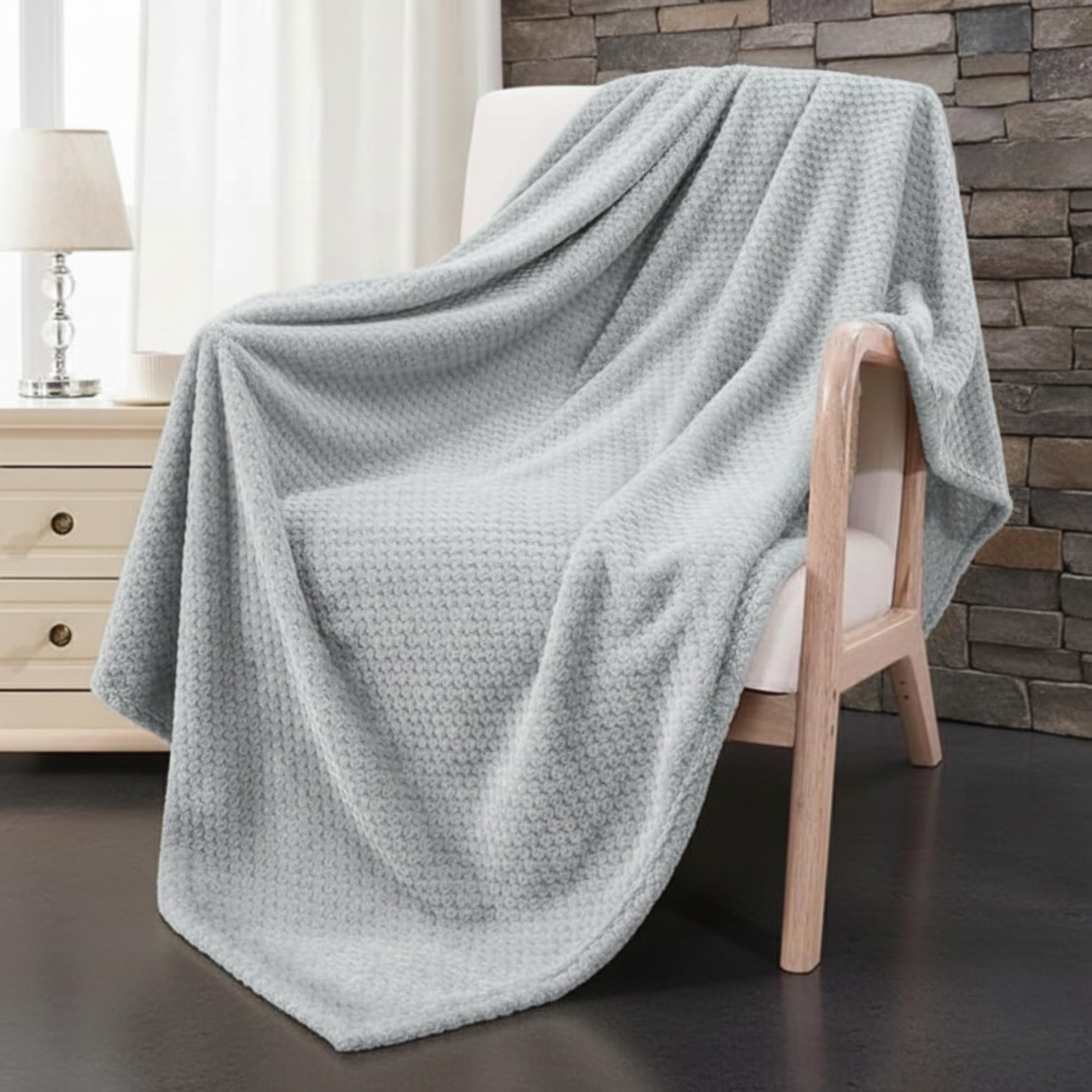Dolce Vari Premium Waffle Whisper Fleece Throw Blankets Honeycomb Super Soft Warm Cozy Over Sofa Bed Throw Blanket (Silver, Single) โ image 1