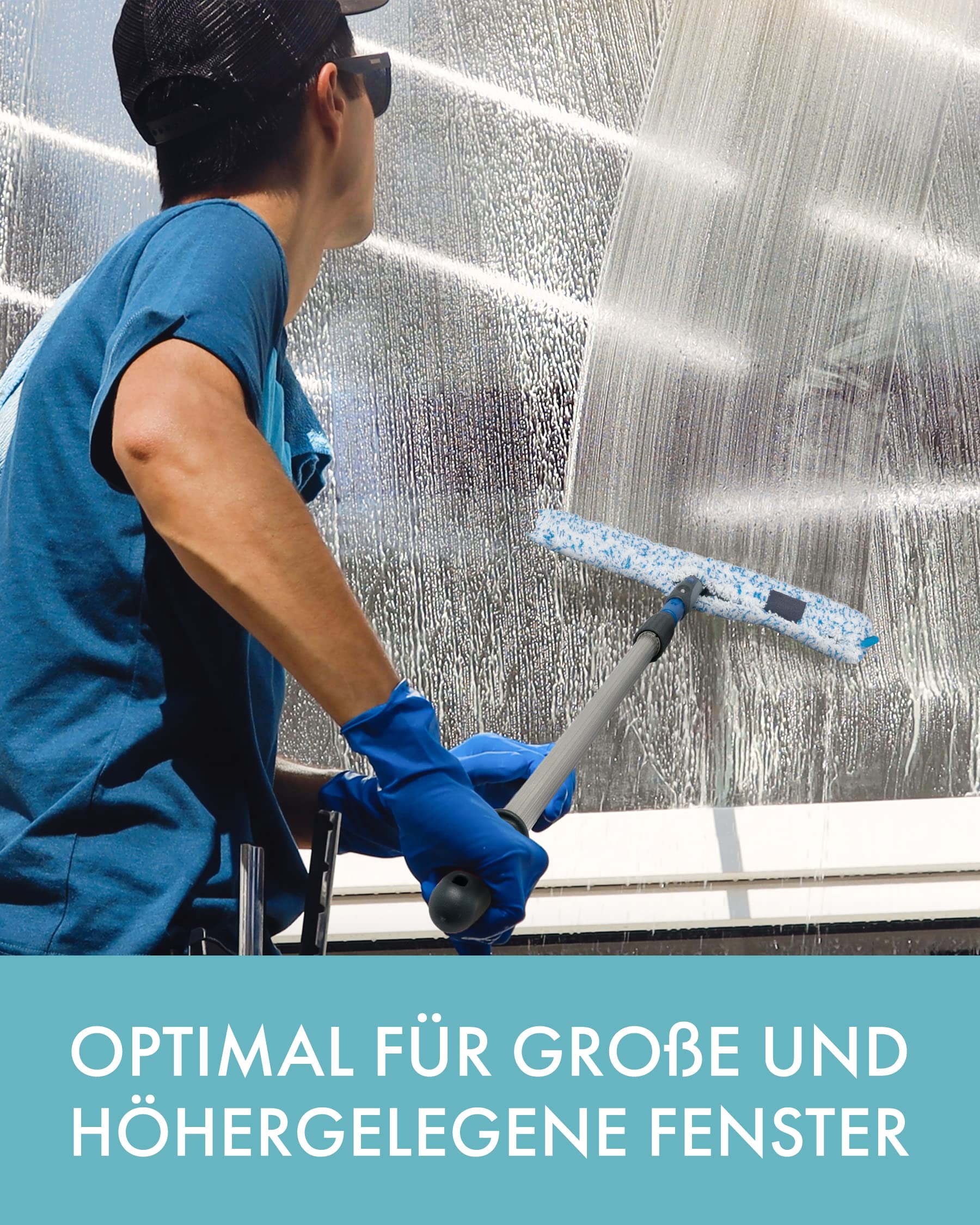 LEWI Fensterreinigungsset mit Teleskopstange (2x60 cm) – Profi Fensterwischer & Fensterabzieher je 45 cm – Aluminium-Stange für hohe Fenster & Ecken – inkl. Konus & Gratisprobe GlasRein