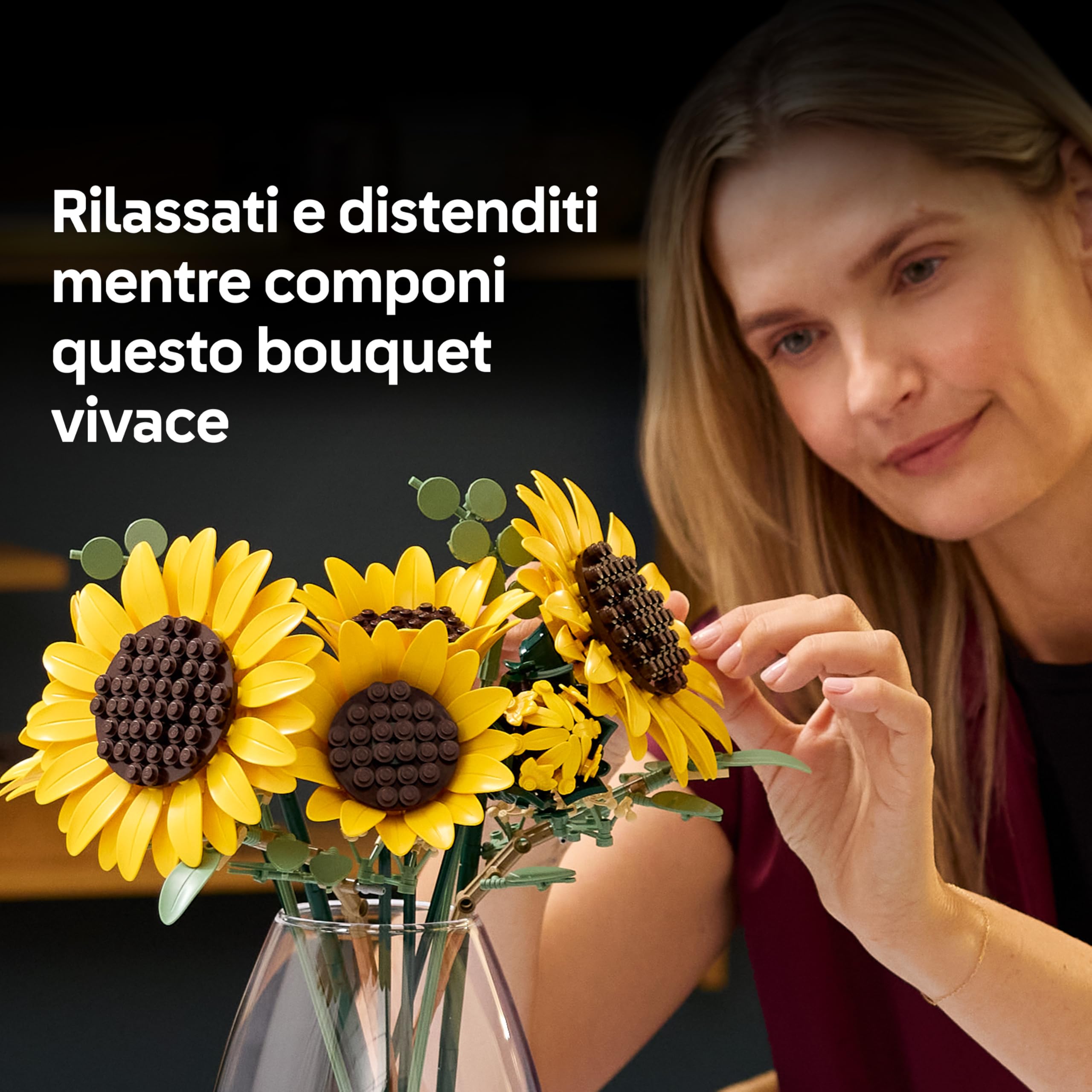 LEGO Botanicals Bouquet di Girasoli - Set di Fiori Artificiali per Adulti - Girasoli Finti e Steli di Eucalipto per Decorare il Soggiorno o la Camera da Letto - Idea Regalo Fai da Te per Donne - 11502