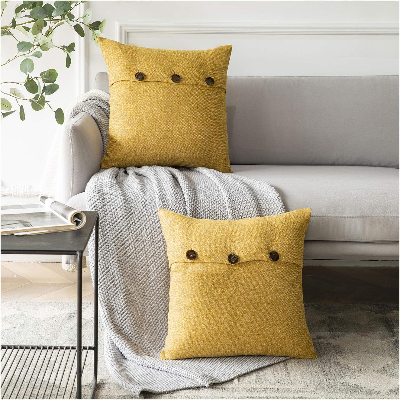 Azume Yellow Throw Pillow Covers for Couch Line Couch Pillows with Triple Button,Decorative Pillows for Living Room,18x18 Inch Vintage Rustic Farmhouse Throw Pillow Covers for Couch Sofa Bed