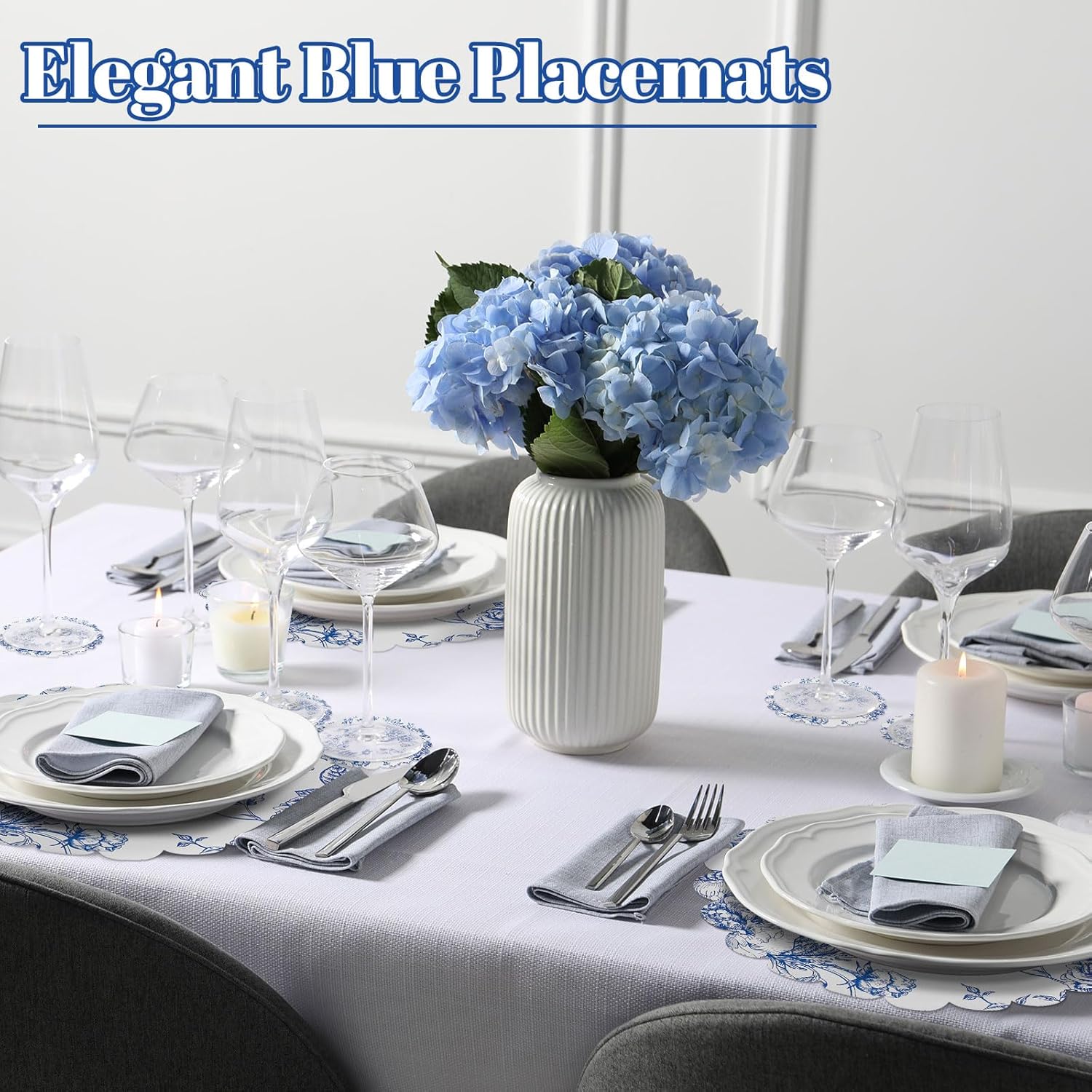 100 Pcs Vintage Blue Floral Placemats and Drinks Coasters Disposable Blue Flower Paper Place Mat Dining Table Decoration Floral Banquet Tableware Bulk for Table Setting Wedding Tea Party Decor