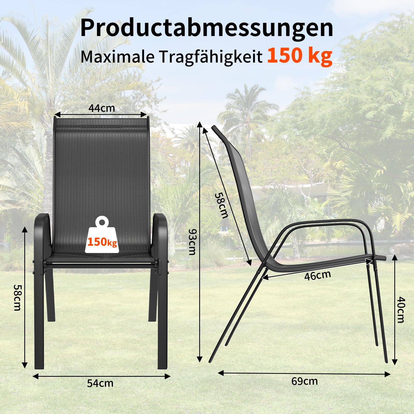 LIFERUN Lot chaises de Jardin empilables à Dossier Haut - Structure en Acier textilène - pour Jardins, Cours, balcons, Restaurants - Charge maximale : 150 kg - 54 x 69 x 93 cm (6, Noir)