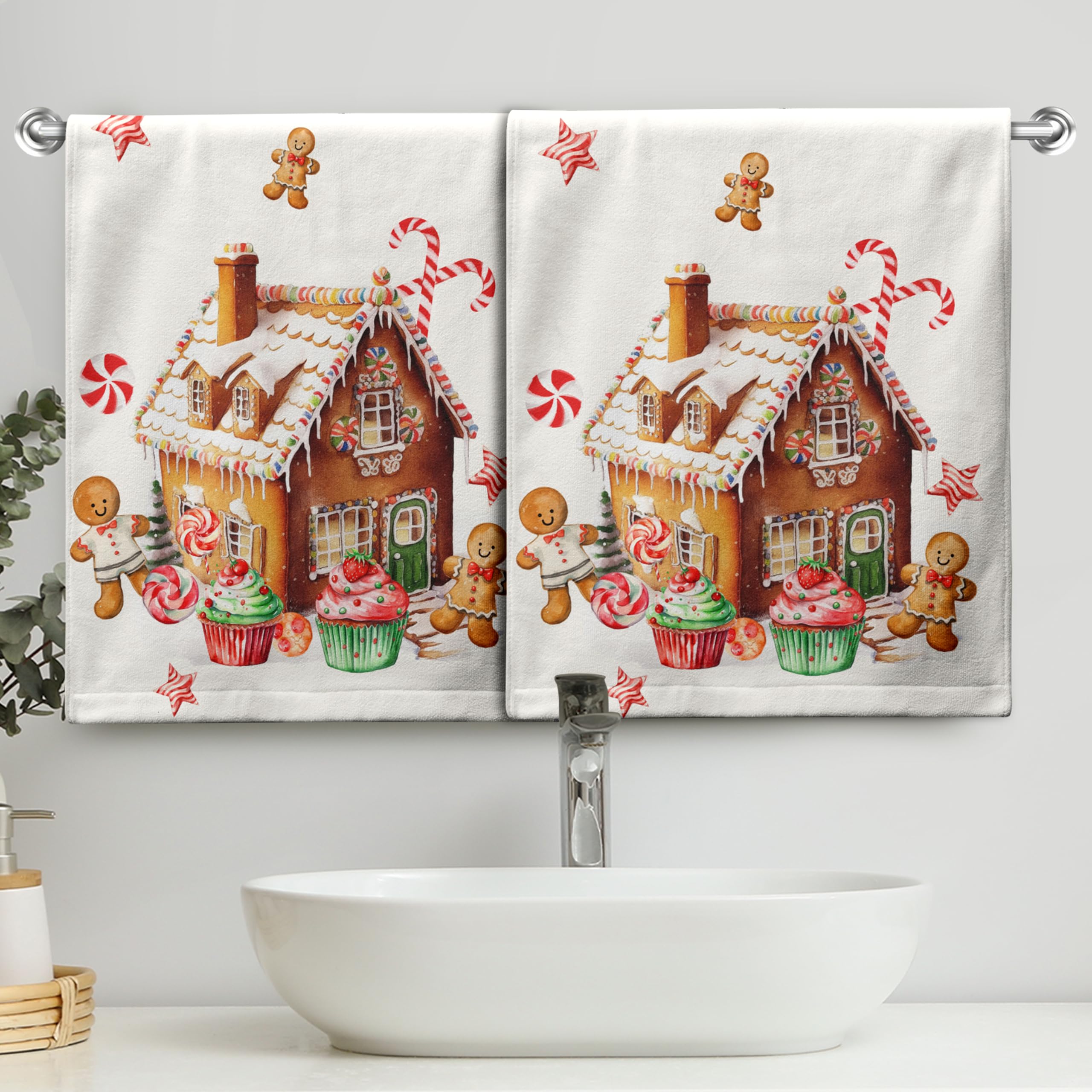 Kwlegh Christmas Gingerbread House with Cookies Cupcakes Candy Cane Towels Set of 2 Xmas Gingerbread Man Hand Towels 14.4x28.3 Kitchen Towels Face Fingertip Towels for Bathroom Kitchen Hotel โ image 1