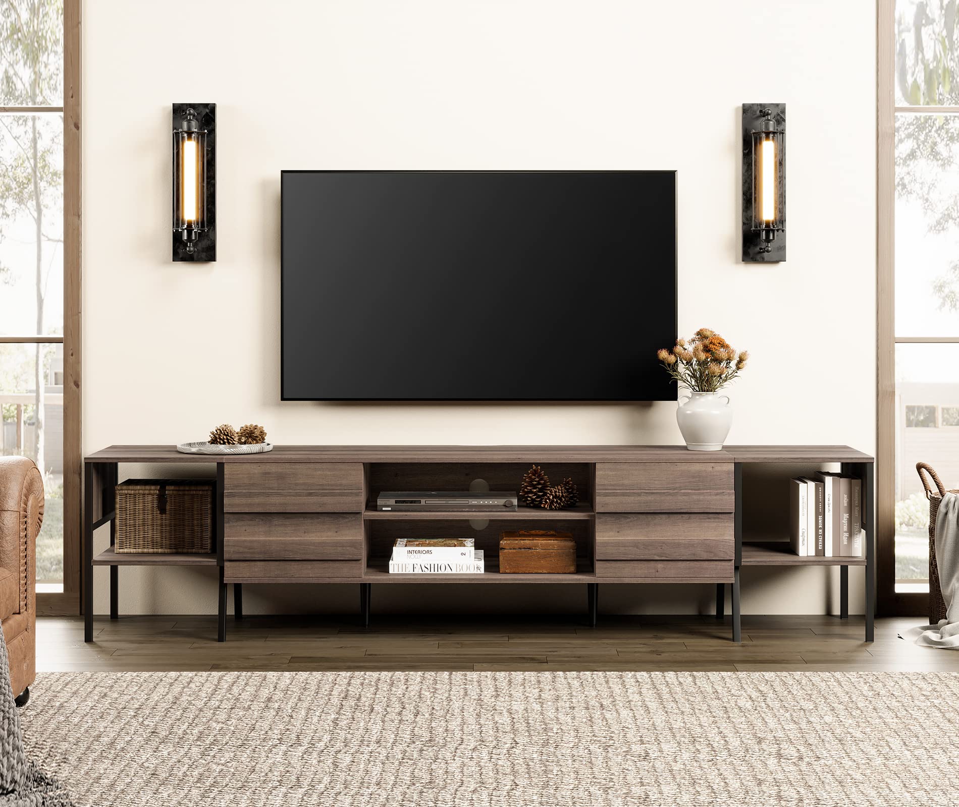 WAMPATMid-Century Modern TV Stand for TVs up to 85/90/100 inch Flat Screen Wood TV Console Media Cabinet with Storage, Home Entertainment Center in Walnut for Living Room Bedroom, 95 inch