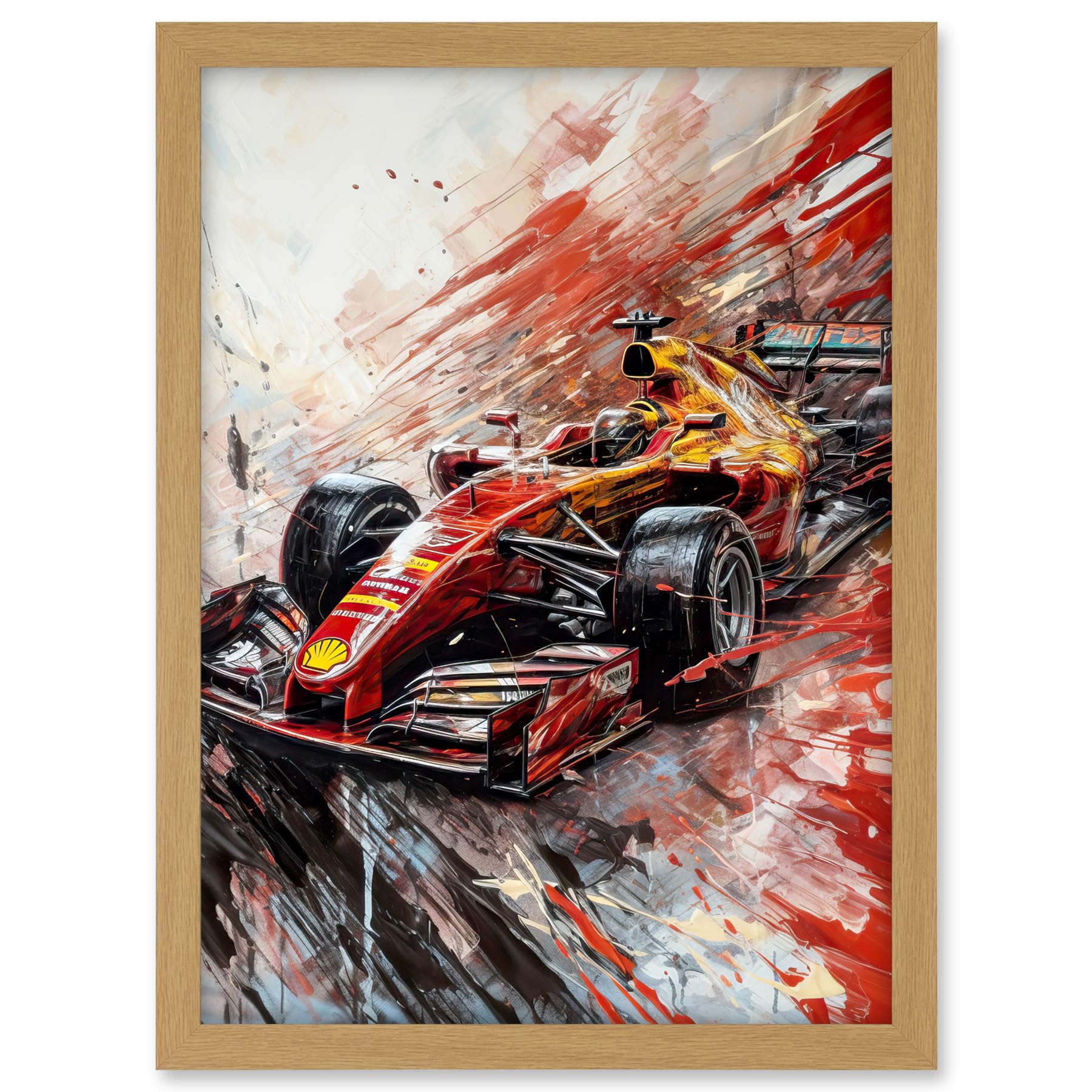 Artery8 Grand Prix Red Race Car Action Shot Paint Splat Artwork Framed A3 Wall Art Print