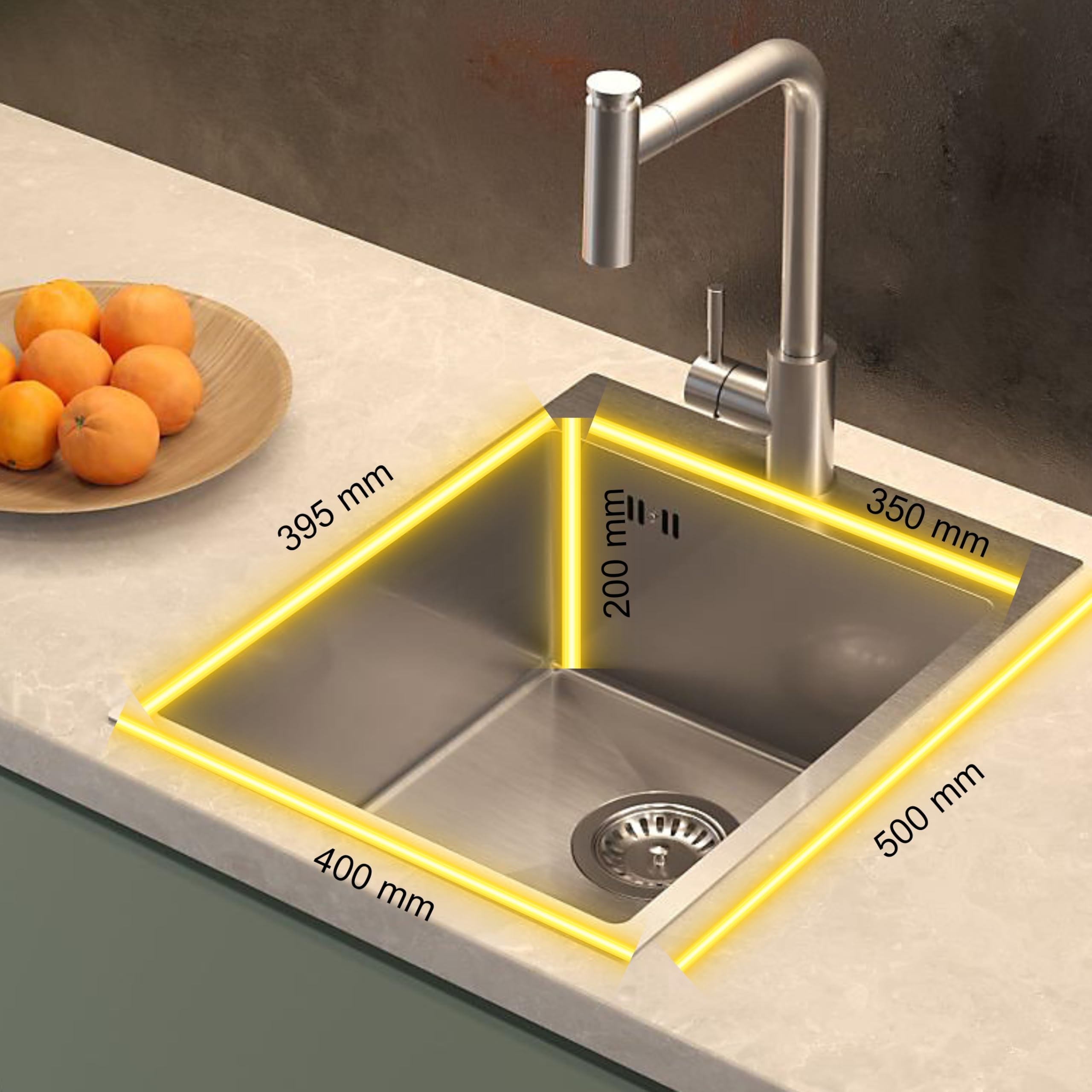 QUADRON fregadero plata | tamaño 40 x 50 cm | fregadero de un seno RUSSEL 90 fregadero de cocina de un seno con cámara de acero fregadero de acero inoxidable | con sifón y tapón de rosca