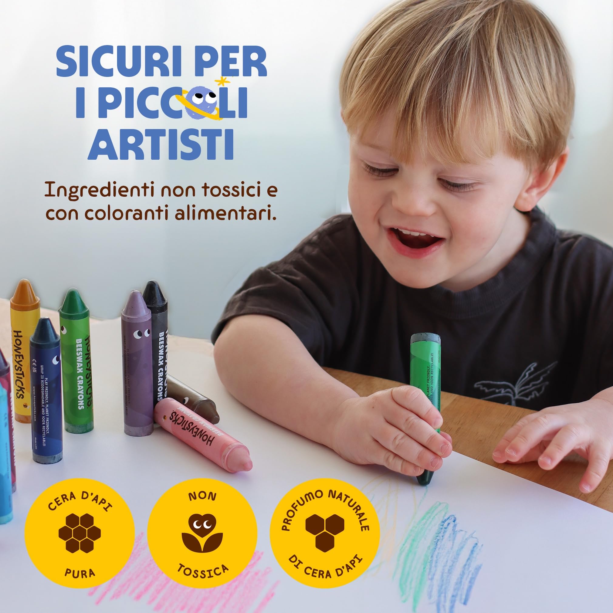 Honeysticks Super Jumbo Pastelli di cera (pacco da 12) - 100% cera d'api, colori alimentari, non tossici, per bambini 1-3 anni, infrangibili, extra-large, facili da tenere e usare, eco-compatibili