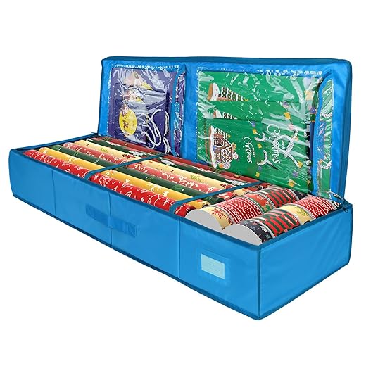 bruwaa Christmas Wrapping Paper Organizer Storage Bag Containers 600D Heavy Duty with Interior Pockets Fits Up to 27 Rolls of 41“, Blue