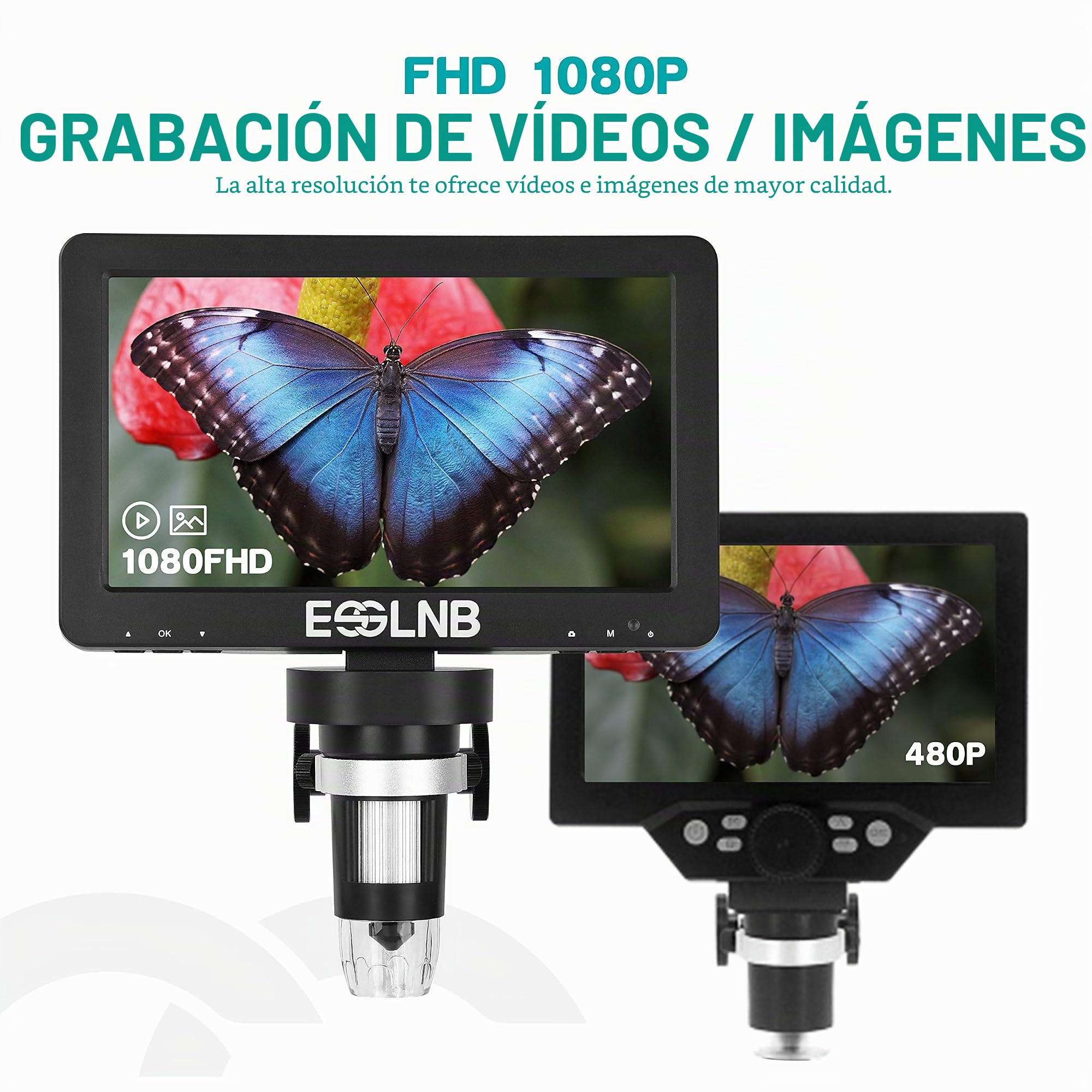 ESSLNB Microscopio Digital 7" LCD Microscopio Electronico 1080FHD Imagen con 32G Tarjeta Control Remoto 8 Luces LED Ajustables&2 Luces de Relleno Soporte de Metal Batería de Litio Recargable