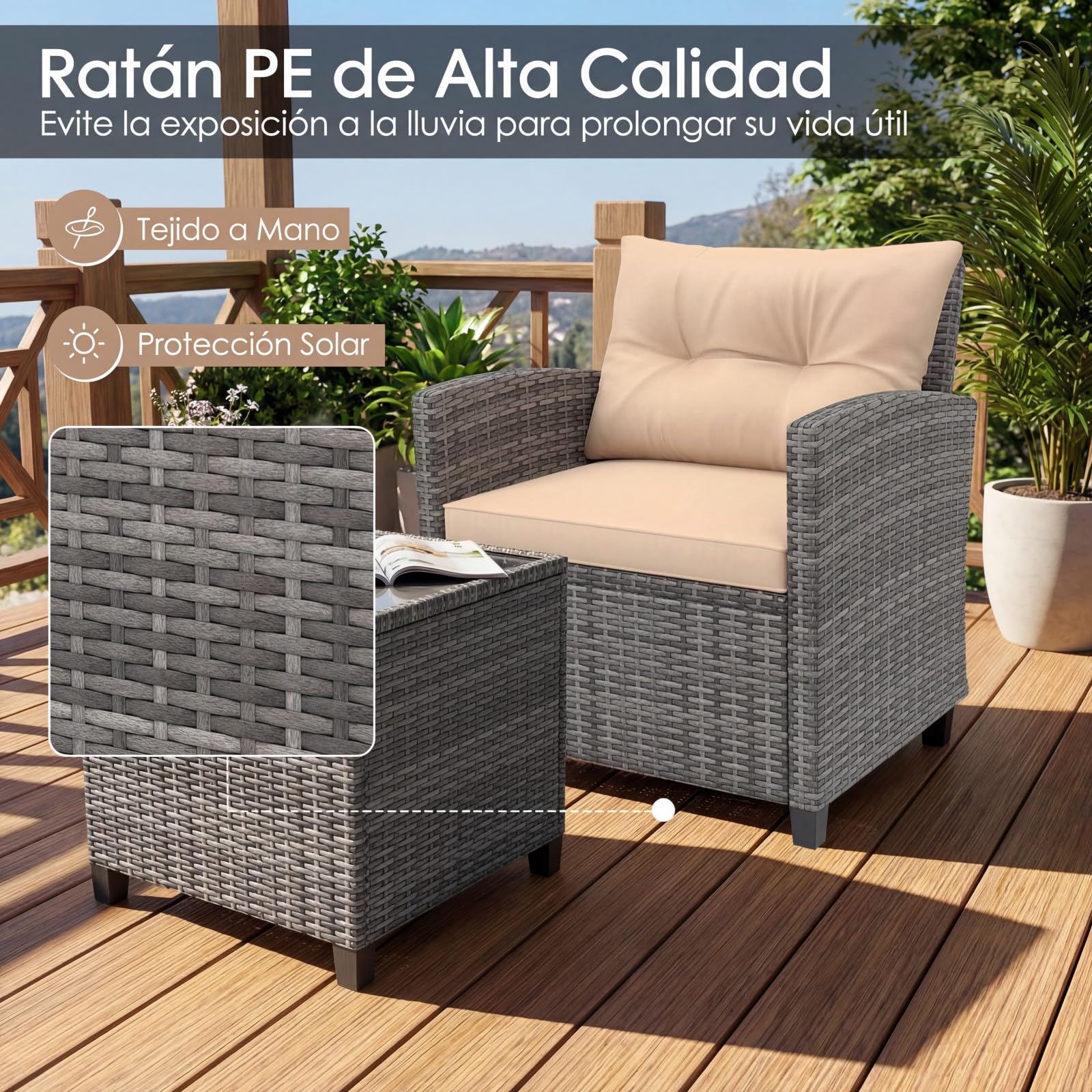 GIANTEX Conjunto de Muebles Jardín 3 Piezas, Mesa y Sillas de Exterior de Ratán PE con Cojines, Mesa con Tablero de Vidrio, para 2 Personas, para Terraza, Patio, Balcón (Gris+Marrón)