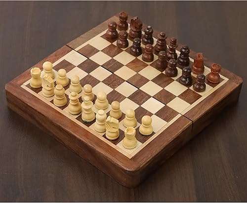Miniatura 7 de RoyalChessMall-Juego de ajedrez magnético con incrustaciones de madera de palisandro dorado de 5 pulgadas con tablero plegable