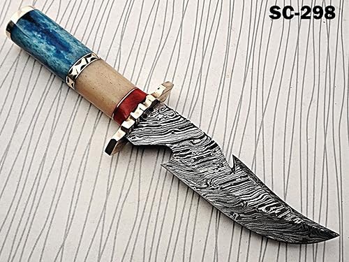 Cuchillo de caza de acero de Damasco de 11.5 pulgadas con gancho de intestino largo, forjado a mano, patrón de torsión de acero de Damasco, hueso de