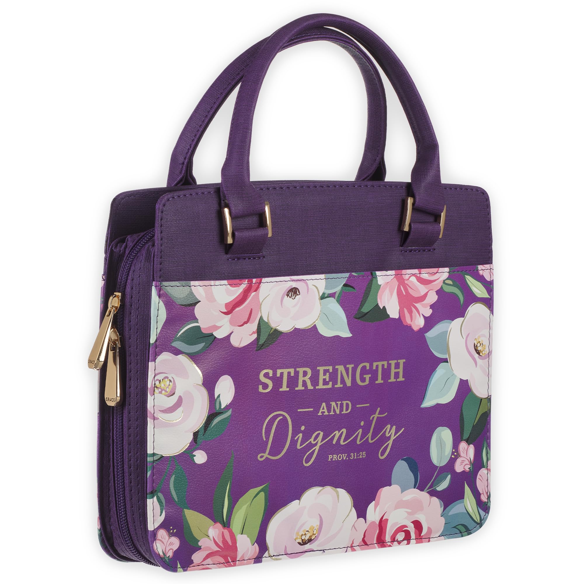 Christian Art Gifts Funda de piel vegana de moda para mujer, versículo bíblico de fuerza y dignidad, diseño floral morado, Floral púrpura, Large
