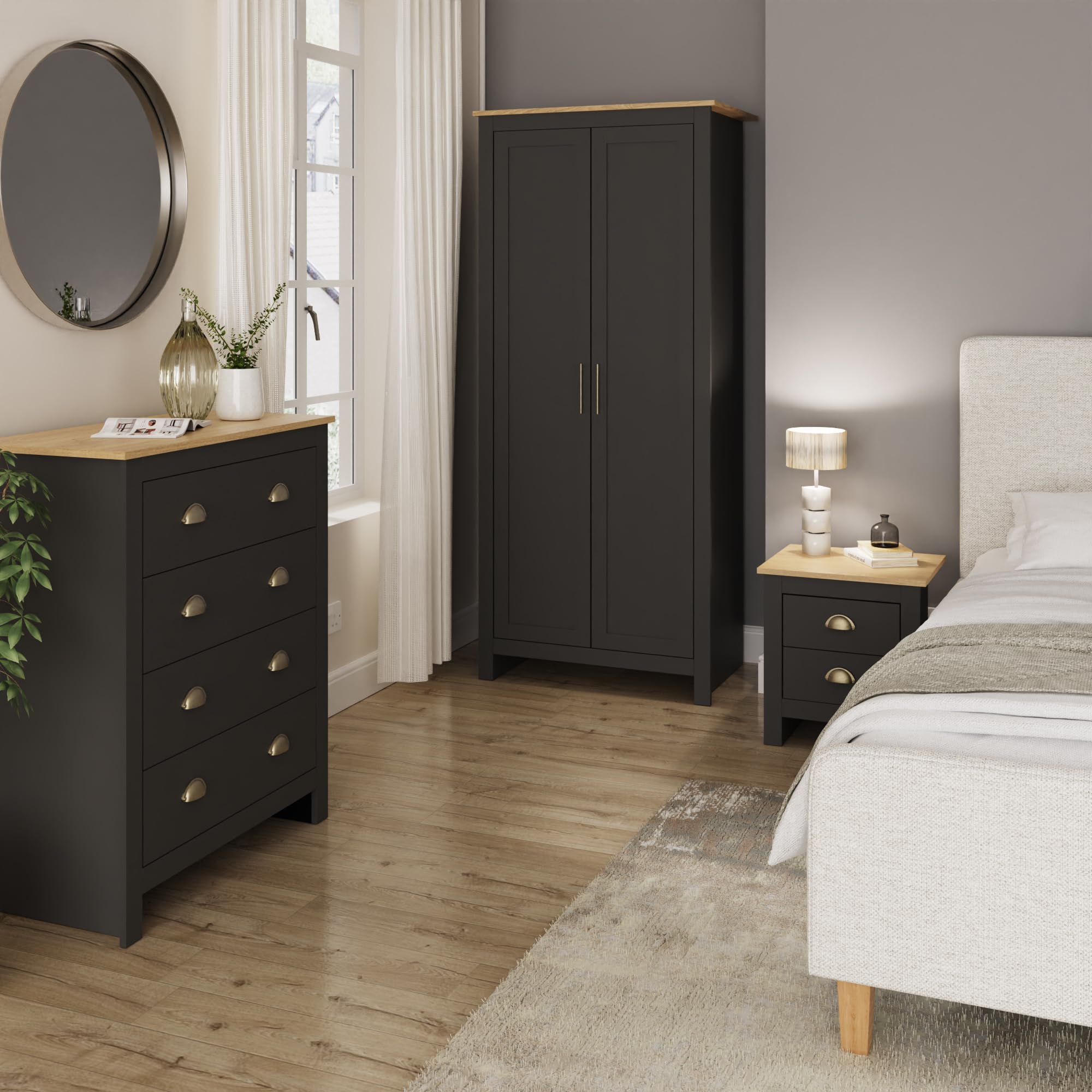 GFW Lancaster 3 Piece Black Oak Bedroom Set - Wardrobe, Chest of Drawers, Lamp Table