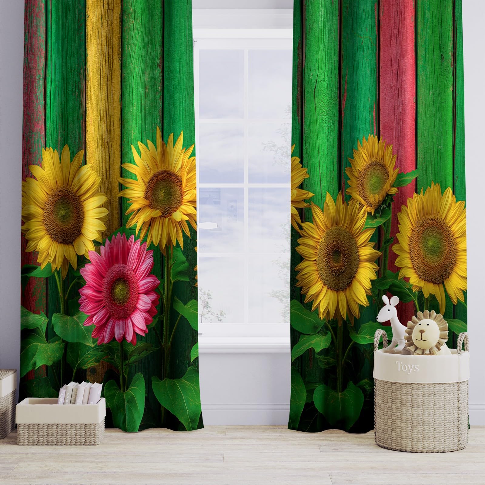 Generisch Ländliche Umgebung Holzplanken Sonnenblumen Vorhänge mit Ösen Blickdichte Gardinen Thermo Vorhang Dekor für Schlafzimmer Wohnzimmer Oberzimmer Verdunklungsvorhänge 2er Set, H215 x B110 cm