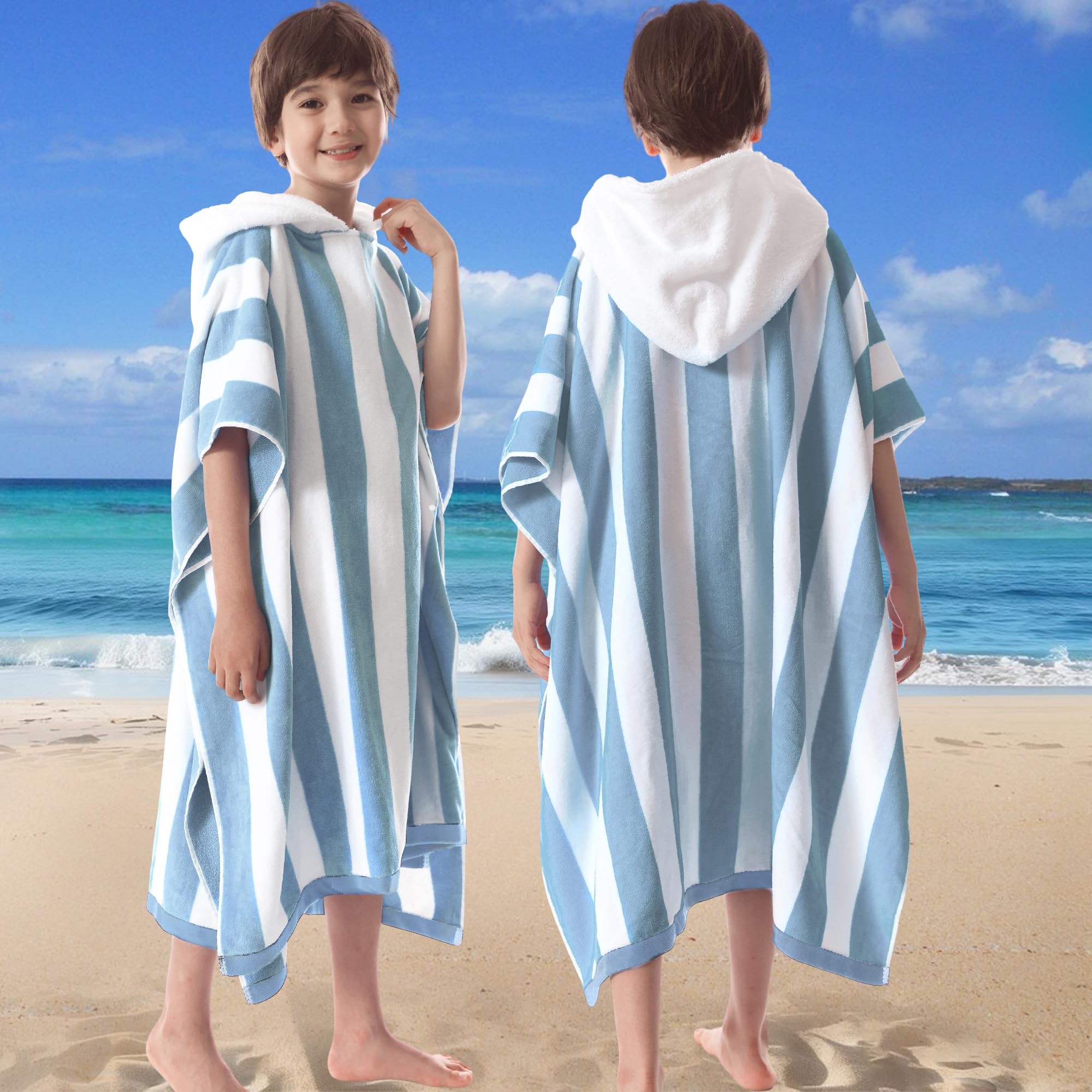VOOVA & MOVAS Toallas de playa con capucha de gran tamaño para adolescentes (8 a 16 años), 100 % algodón grueso y absorbente, perfecto para piscina, playa, baño, diseño de rayas de cabaña azul