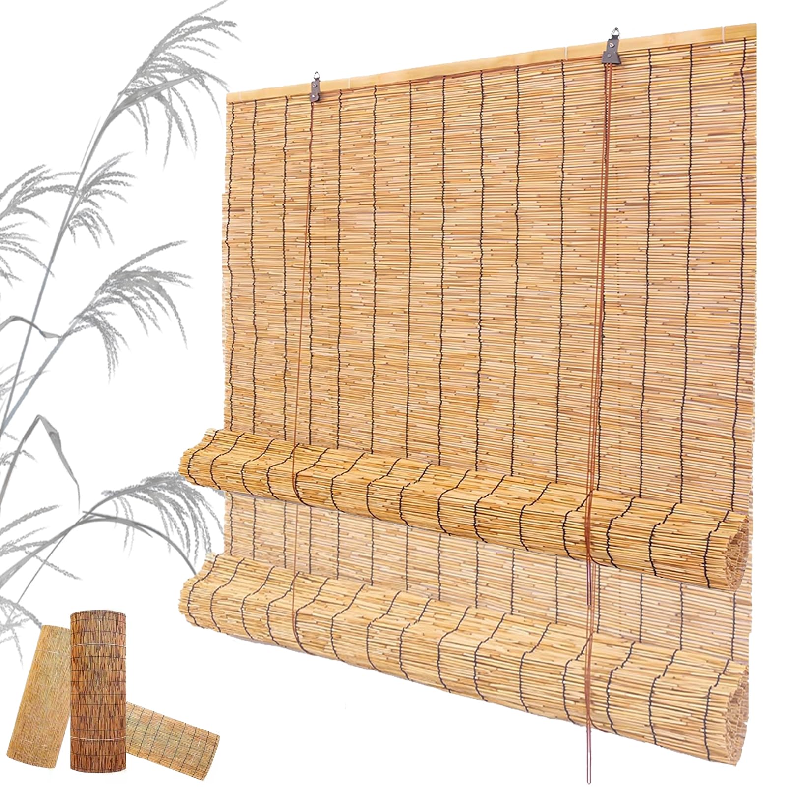 Bamboo Blinds 90 100 120 145 165cm Wide Retro Bamboo Roller Blinds Natural Reed Curtains Anti-UV Outdoor Roller Blinds Shade With Lifter Sunshade Privacy Screen Roman Blinds For Kitchen Windows