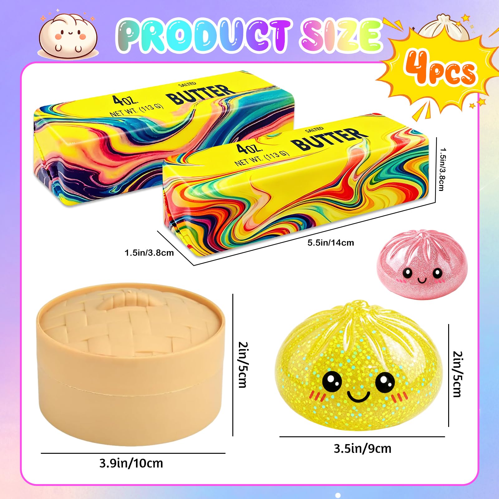 KutaKuta 4 PCS Glitter Squishy Bao Dumpling + Rainbow Butter Squishy, Decompression Sensory Toys with Steamer Box - Image 7