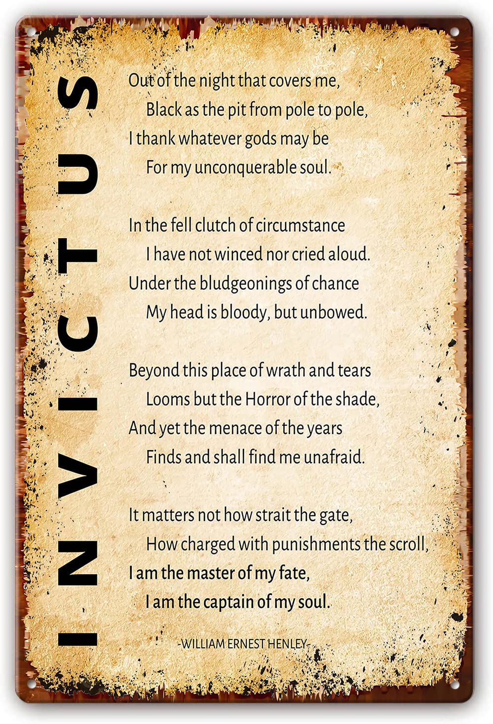 Preeklen Tin Sign 096 Invictus Poem Metal Tin Sign Wall Decor William Ernest Henley Poetry Posters For Kitchen Picture Art For Bathroom Decor Paintings Hallway Artwork Wall Bedroom Decor 12X16 Inch
