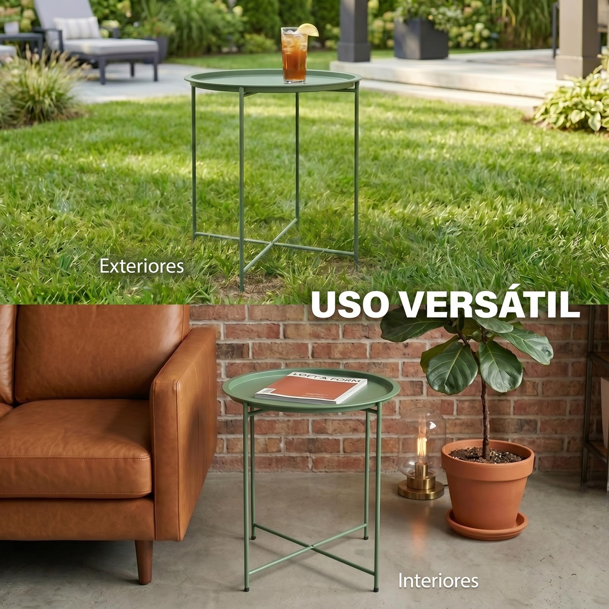 Outsunny Mesa Auxiliar Redonda Mesa de Jardín Exterior con Bandeja Extraíble Patas Plegables Mesa para Exterior Terraza Patio Ø46x53 cm Verde