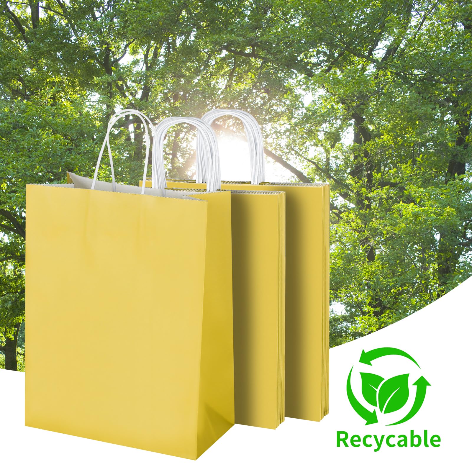Oikss 50 Pack 10x5x13 Yellow Kraft Paper Bags with Handles Bulk for Birthday Party Favors Grocery Retail Shopping Business Goody Recycled Craft Gift Bags (Large Size, 50 Count)
