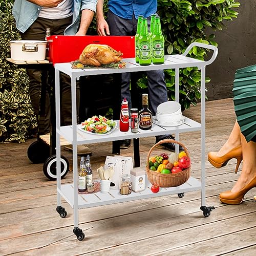GWAREZ Outdoor Three-Shelf Dining Cart with Wheels Utility BBQ Food Prep Table Movable Grill Cart Picnic Cart for Bar, Patio, Camping, Back Yard,