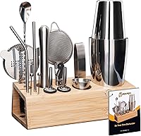Vista 7 de Juego de coctelera con soporte de bambú, juego de barra de acero inoxidable de 15 piezas, accesorios de barra de acero inoxidable, kit profesional