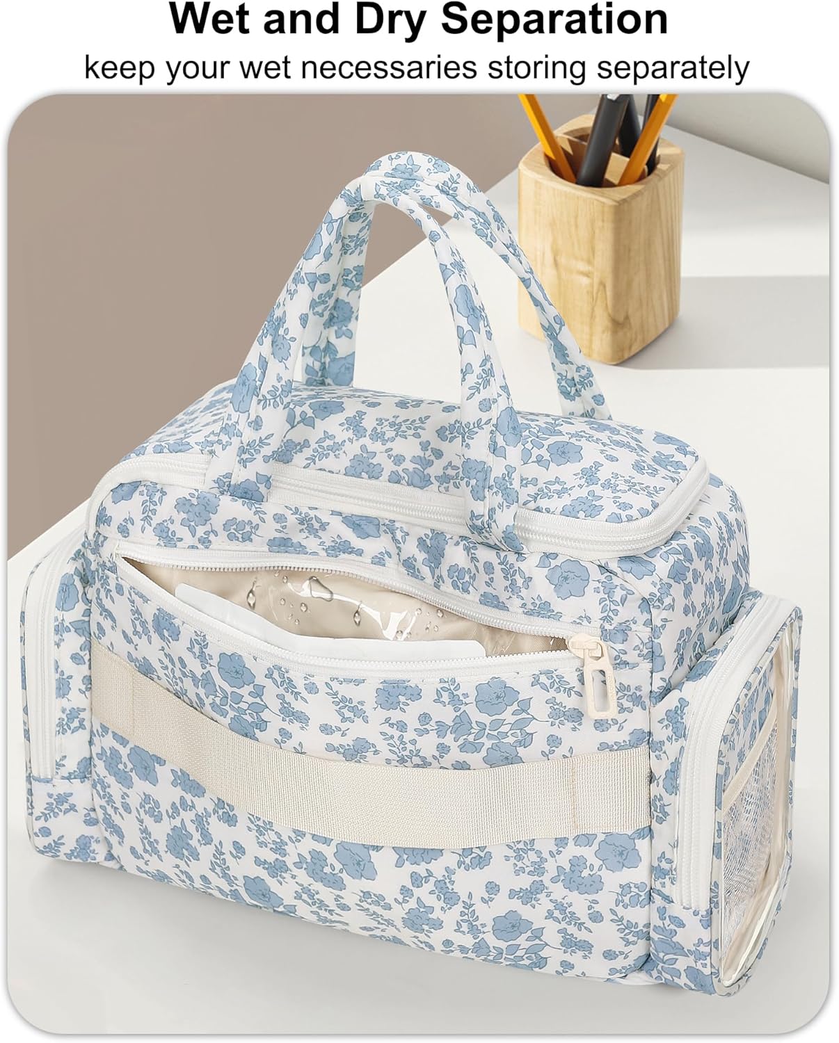 Travel Makeup Bag, Lightweight Wide-open Toiletries Bag for Women, Large Cosmetic Organizer Bag with Makeup Brushes Compartment for Travel-Sized Essentials for Trip, Camping - Blue Flower - Image 3