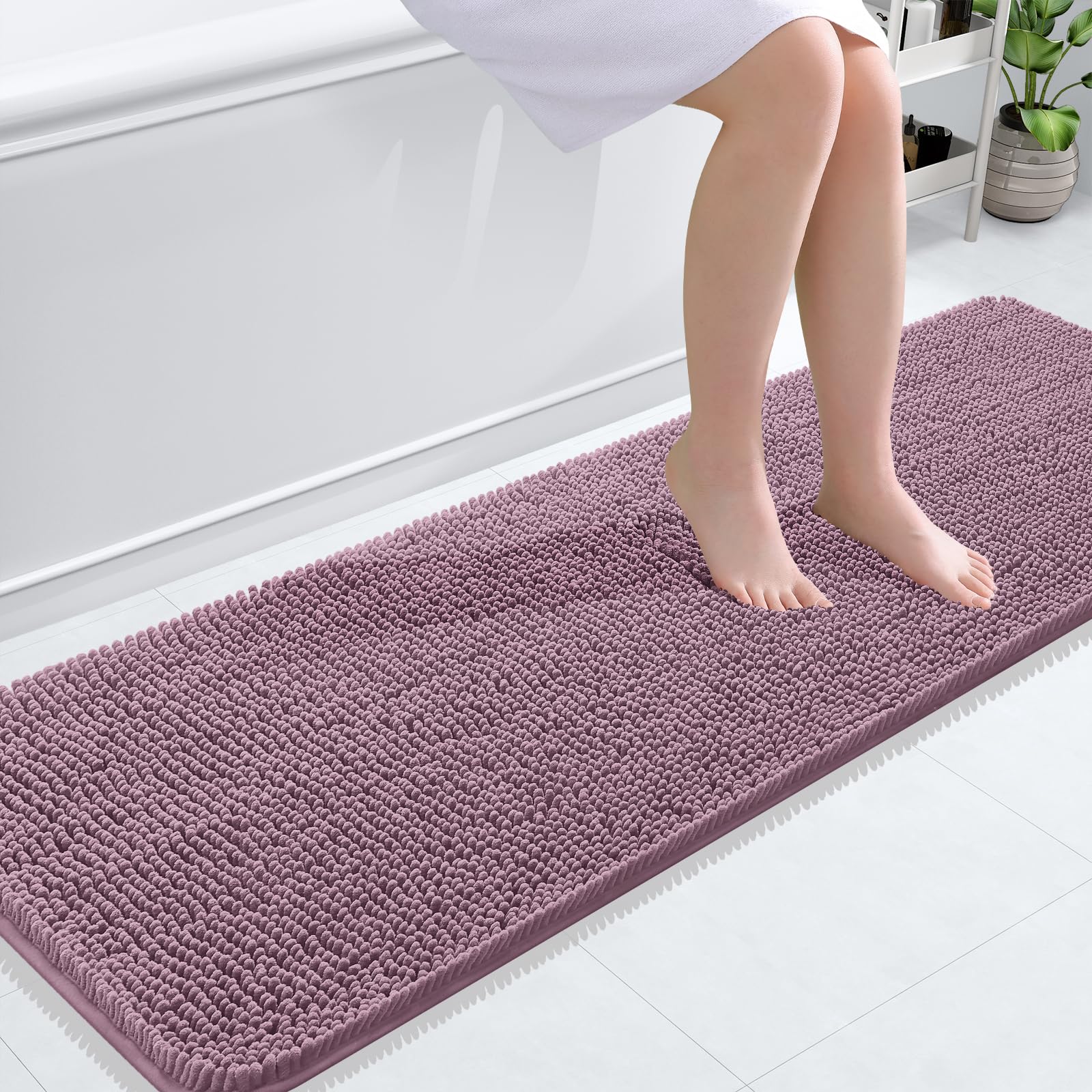 OLANLY Bathroom Runner Rugs 59x20, Extra Soft Absorbent Chenille Bath Rugs | Deep Plum, Quick-Drying Rubber Backing, Washable Long Bath Mat for Bathroom Floor, Tub and Shower, Home Decor Accessories