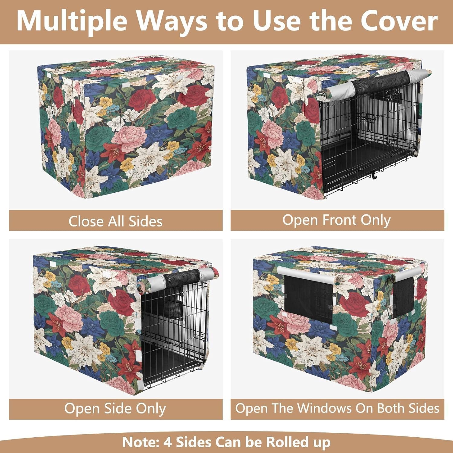 Large Floral Pattern Dog Crate Cover 600D Oxford Pet Kennel Cover with Mesh Window for Dog Cages, Windproof Waterproof Machine Washable, 42"x28"x30"